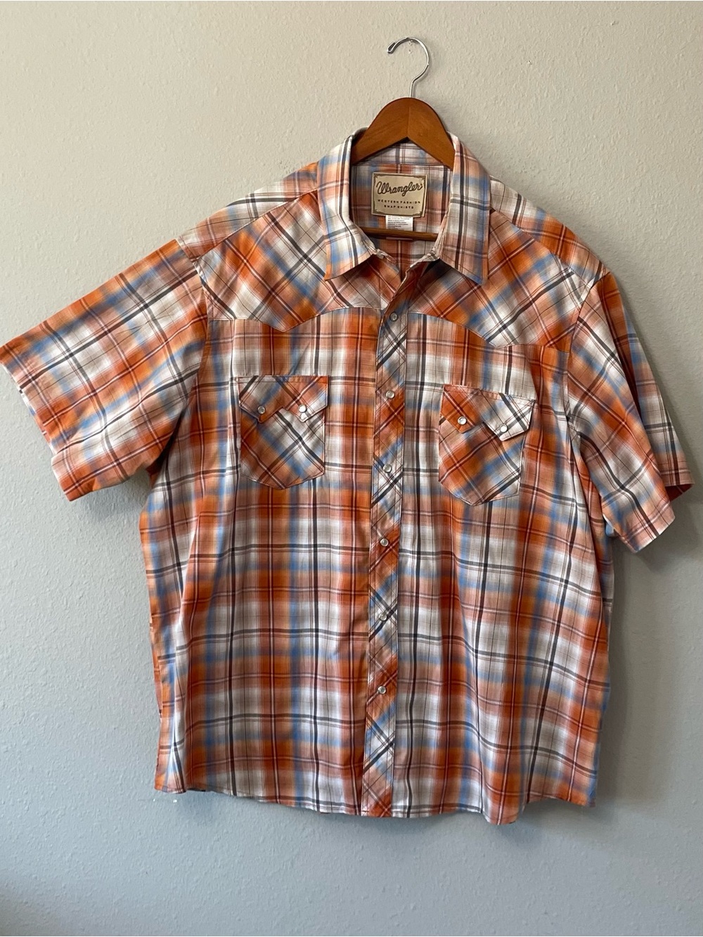 Wrangler Western Plaid Pearl Snap Short Sleeve Shirt Orange Blue Men’s 2XL - Picture 2 of 5
